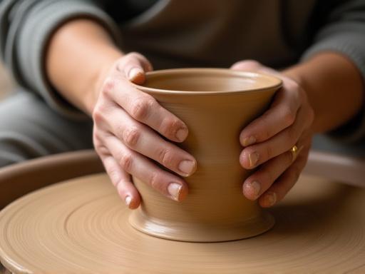 陶芸家がろくろで粘土を成形している様子。